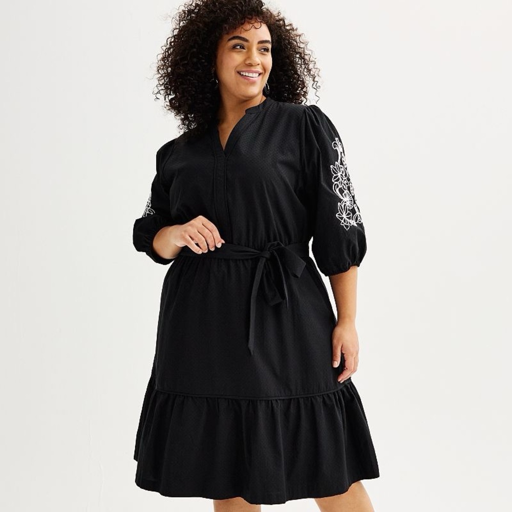 Draper James RSVP Black Embroidered Puff Sleeve Tie Waist Dress Size 1X